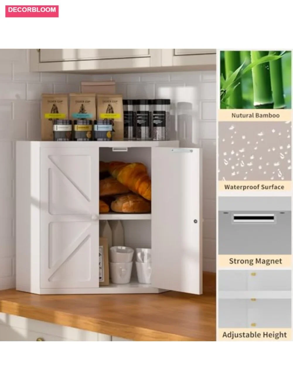Bamboo Corner Bread Box for Kitchen Countertop, Large Capacity Double Layer